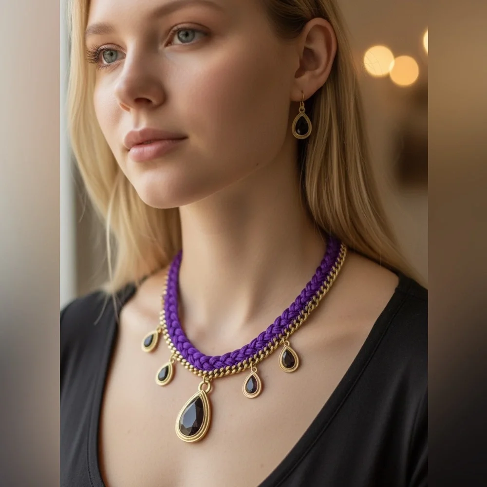 Modern Gold and Purple Necklace And Earring Set, NIB - Picture 2 of 2